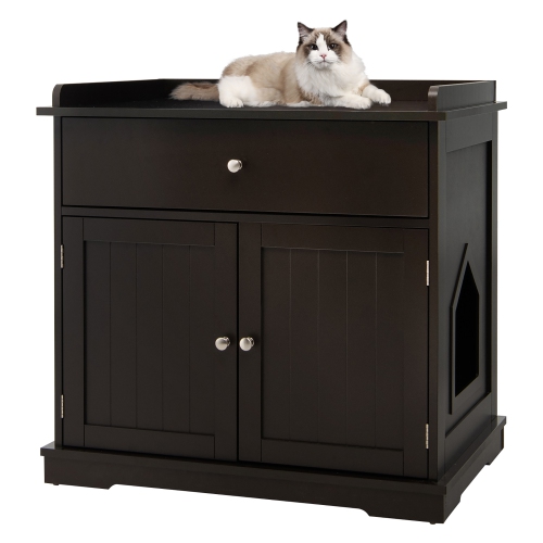 GYMAX  Wooden Cat Litter Box Enclosure W/ Drawer Side Table Furniture