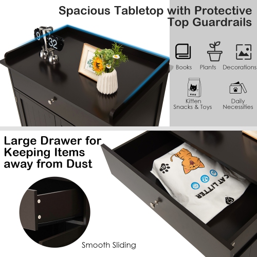 Gymax Wooden Cat Litter Box Enclosure w/ Drawer Side Table Furniture