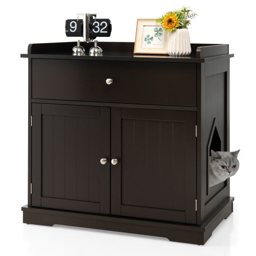 Gymax Wooden Cat Litter Box Enclosure w/ Drawer Side Table Furniture
