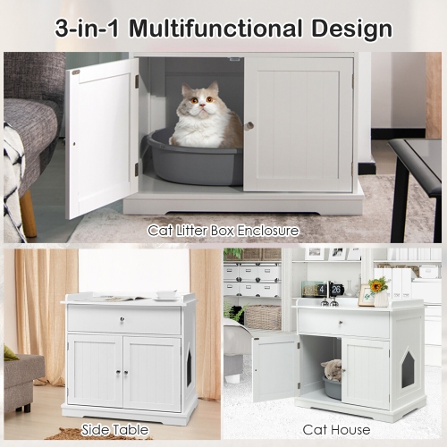Gymax Wooden Cat Litter Box Enclosure w/ Drawer Side Table Furniture