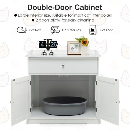 Gymax Wooden Cat Litter Box Enclosure w/ Drawer Side Table Furniture