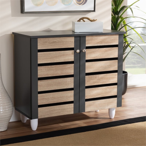 Baxton Studio Gisela Two-Tone Oak Wood 2-Door Shoe Cabinet in Dark Gray