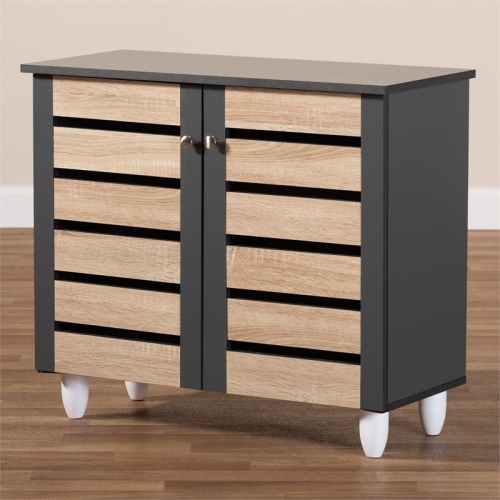 Baxton Studio Gisela Two-Tone Oak Wood 2-Door Shoe Cabinet in Dark Gray