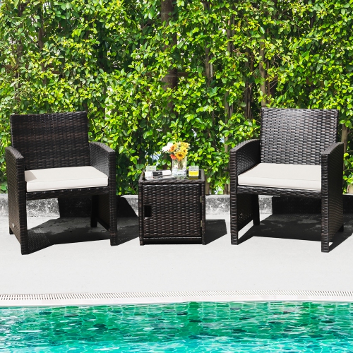 COSTWAY  3PCs Patio Wicker Furniture Set Storage Table W/protect Cover Cushioned