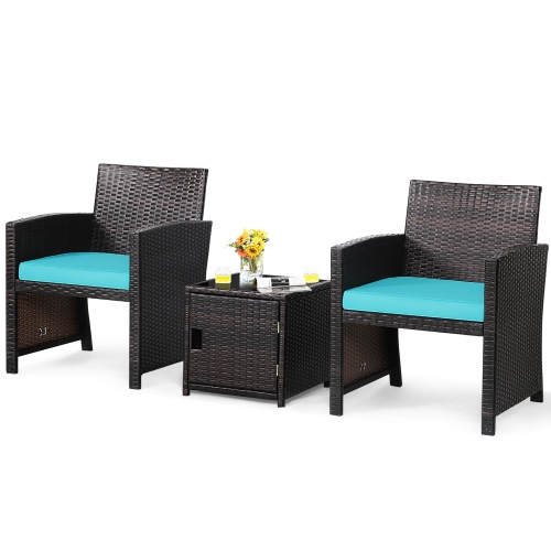 Costway 3PCS Patio Wicker Furniture Set Storage Table W/Protect Cover Cushioned