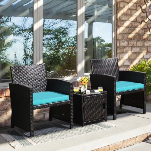 Costway 3PCS Patio Wicker Furniture Set Storage Table W/Protect Cover Cushioned