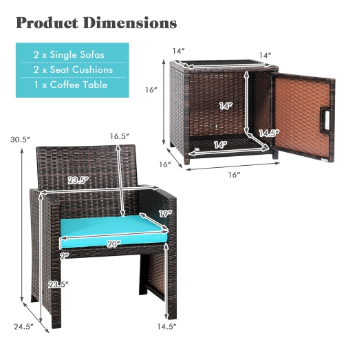 Costway 3PCS Patio Wicker Furniture Set Storage Table W/Protect Cover Cushioned