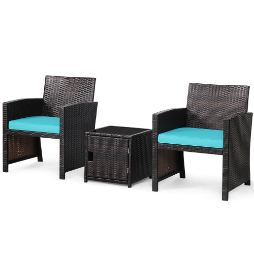 Costway 3PCS Patio Wicker Furniture Set Storage Table W/Protect Cover Cushioned