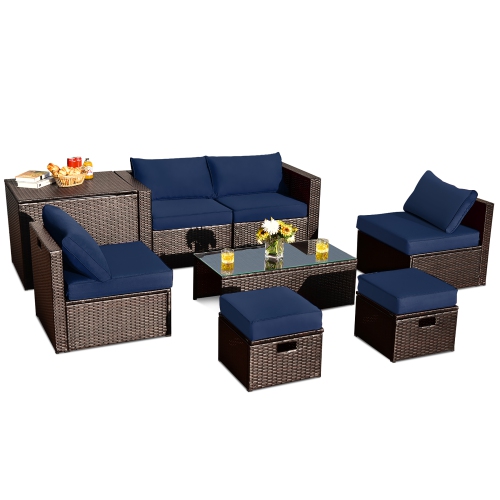 Costway 8PCS Patio Rattan Furniture Set Space-Saving Storage Cushion