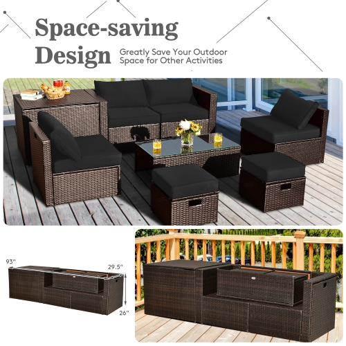 Costway 8PCS Patio Rattan Furniture Set Space-Saving Storage Cushion