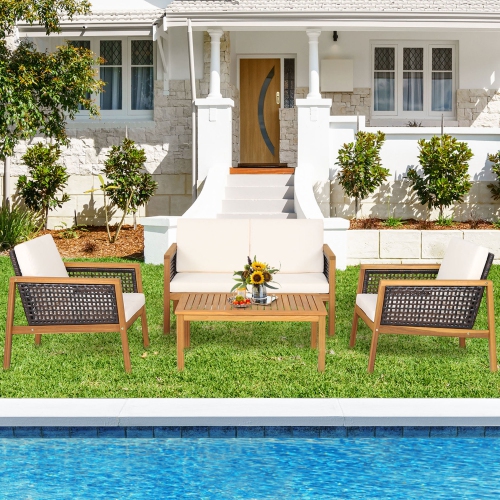 Ensemble de Meubles en Bois d'Acacia de Patio de Marque Gymax 8 pièces Ensemble de Salon en plastique PE aspect rotin avec coussins blancs cassés