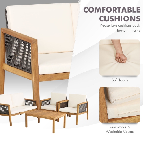 Ensemble de Meubles en Bois d'Acacia de Patio de Marque Gymax 8 pièces Ensemble de Salon en plastique PE aspect rotin avec coussins blancs cassés