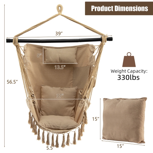 Gymax Hammock Chair w/ Soft Pillow Cushions Pocket Hanging Rope Swing Steel Bar