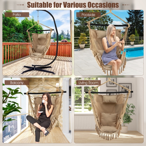 Gymax Hammock Chair w/ Soft Pillow Cushions Pocket Hanging Rope Swing Steel Bar