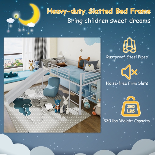 Gymax Twin Metal Loft Bed with Slide Guardrails Built-in Ladder Low Bed Frame