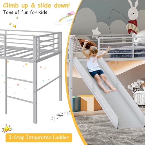 Gymax Twin Metal Loft Bed with Slide Guardrails Built-in Ladder Low Bed Frame