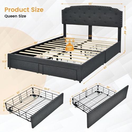 Gymax Queen Platform Bed Frame with 4 Storage Drawers Adjustable Headboard Grey