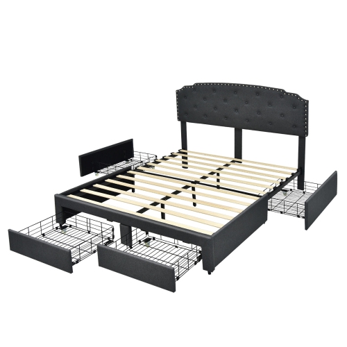 Gymax Full Platform Bed Frame with 4 Storage Drawers Adjustable Headboard Grey