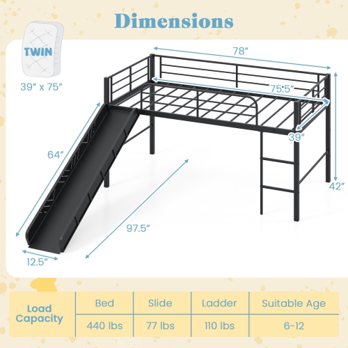 Gymax Twin Metal Loft Bed with Slide Guardrails Built-in Ladder Low Bed Frame