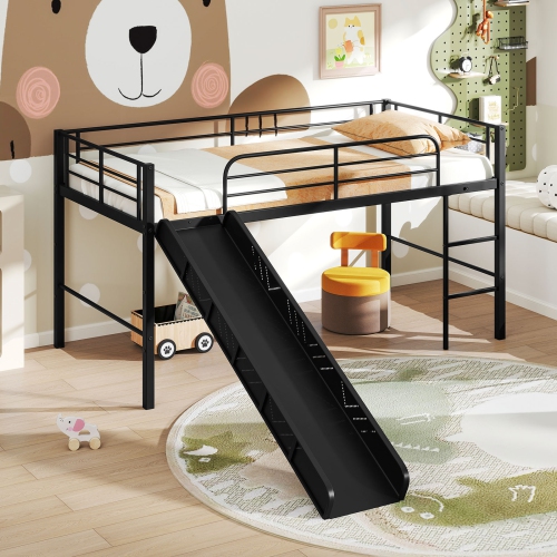 Gymax Twin Metal Loft Bed with Slide Guardrails Built-in Ladder Low Bed Frame