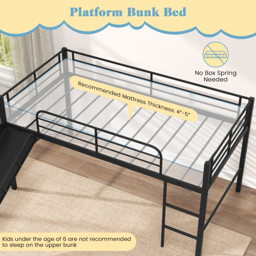 Gymax Twin Metal Loft Bed with Slide Guardrails Built-in Ladder Low Bed Frame