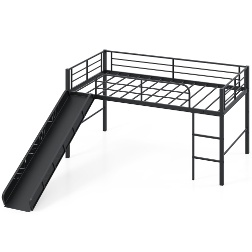 Gymax Twin Metal Loft Bed with Slide Guardrails Built-in Ladder Low Bed Frame