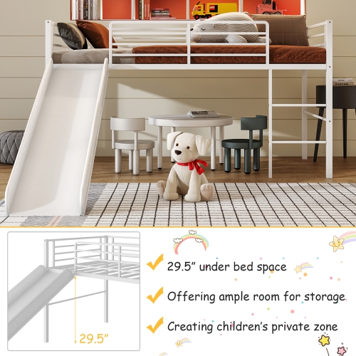 Gymax Twin Metal Loft Bed with Slide Guardrails Built-in Ladder Low Bed Frame