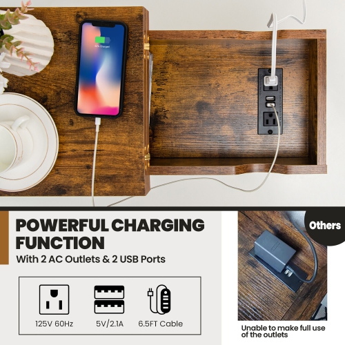 Gymax 2PCS End Table Charging Station Industrial Nightstand Flip Top Side Pocket USB