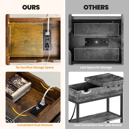 Gymax 2PCS End Table Charging Station Industrial Nightstand Flip Top Side Pocket USB