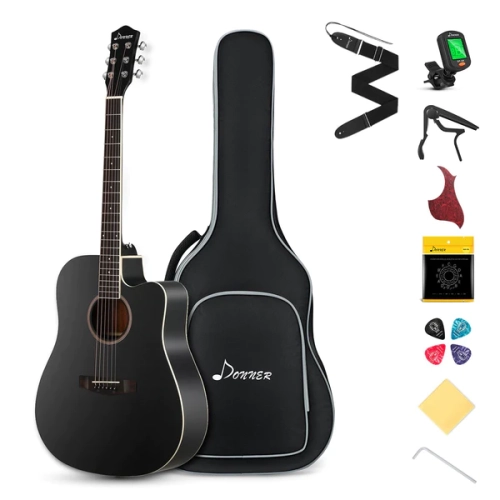Donner DAD-160CD Cutaway 41-Inch Full Size Acoustic Guitar Beginner Kit, Right Handed, Black