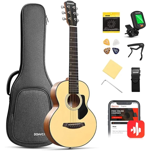 Donner DAL-110 Parlor Guitar 1/4 Size Travel Acoustic Guitar 30-Inch Right Handed Spruce Mahogany Body with Gig Bag