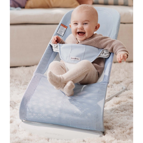 BabyBjorn Bouncer Balance Soft - Mesh, Sky Blue/White on Light Grey Frame