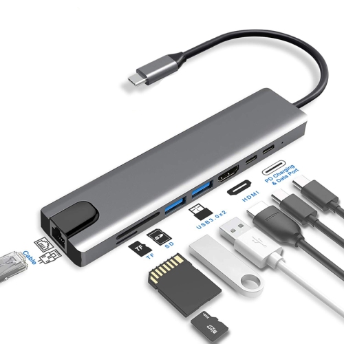 Station d'accueil 8 en 1 de type C vers HDMI, dongle USB C avec HDMI 4K @ 60 Hz, Ethernet RJ45, alimentation 100 W, lecteur de carte SD/TF, 2 ports