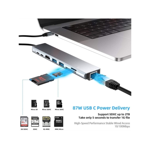 Station d'accueil 8 en 1 de type C vers HDMI, dongle USB C avec HDMI 4K @ 60 Hz, Ethernet RJ45, alimentation 100 W, lecteur de carte SD/TF, 2 ports