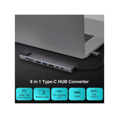 Station d'accueil 8 en 1 de type C vers HDMI, dongle USB C avec HDMI 4K @ 60 Hz, Ethernet RJ45, alimentation 100 W, lecteur de carte SD/TF, 2 ports