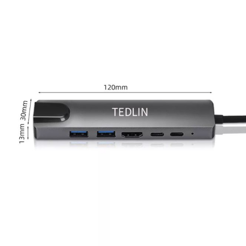 TEDLIN Hub USB C 6 en 1 Dongle de type C vers UHD/Type C/HDTV Multiport Adaptateur avec sortie HDMI 4K, 2 ports USB 3.0, USB C vers Ethernet RJ45 100