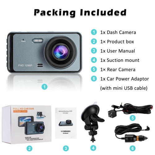 1296P HD Car Dashboard Camera Front and Rear - SUPER Night Vision, G-Sensor, WDR