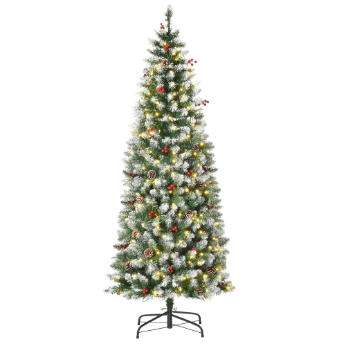 HOMCOM  6 Ft Snow Flocked Pencil Christmas Tree, Slim Prelit Artificial Tree, Holiday Decoration With Led Lights, Pine Cones Berries, Green In Red