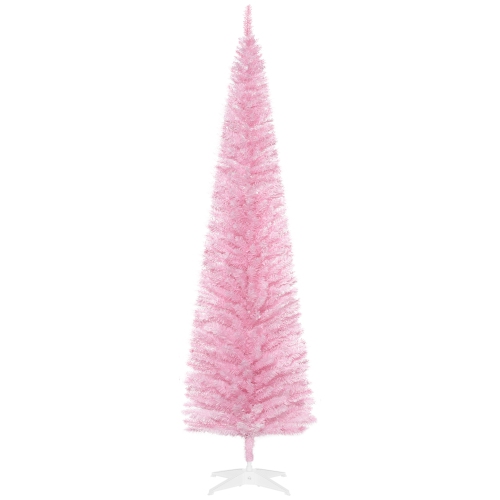 HOMCOM 7' Pencil Christmas Tree, Slim Artificial Xmas Tree with Realistic Branches, Sturdy Stand, Pink