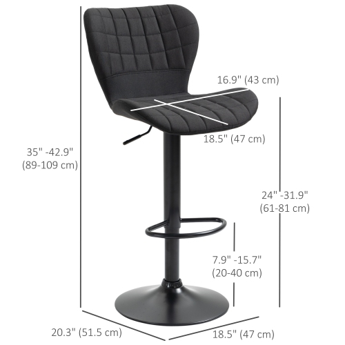 HOMCOM Bar Stools Set of 2, Adjustable Height Swivel Bar Chairs, Linen-feel Fabric Upholstered Kitchen Counter Stools with Wide Seat, Back and