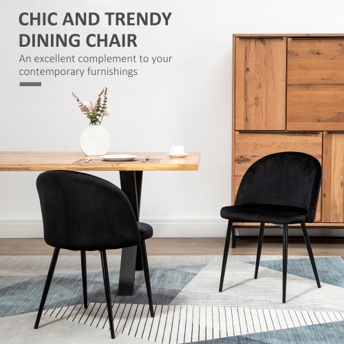 HOMCOM Modern Dining Chairs Set of 2, Mid-Back Velvet Upholstered Kitchen Chairs, Side Chair for Living Room, Dining Room, Black