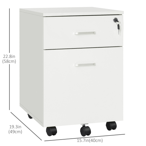 Vinsetto 2 Drawer File Cabinet with Lock and Keys, Mobile Vertical Filing Cabinet with Wheels and Drawers, Home Office Cabinet, White