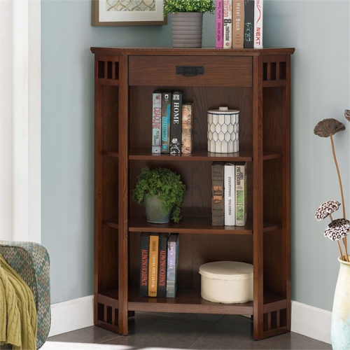 Leick Riley Holliday 3 Shelf Corner Bookcase in Mission Oak