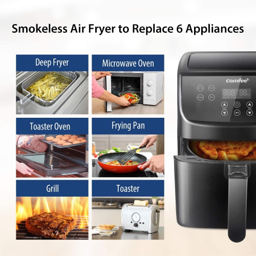 COMFEE' 5.8Qt Digital Air Fryer, Toaster Oven & Oilless Cooker, 1700W with 8 Preset Functions, LED Touchscreen, Shake Reminder, Non-stick Detachable