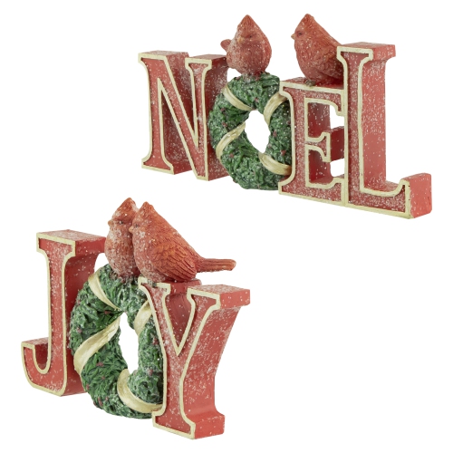 Cardinals on Wreaths "Joy" and "Noel" Christmas Display Signs - 10" - Set of 2