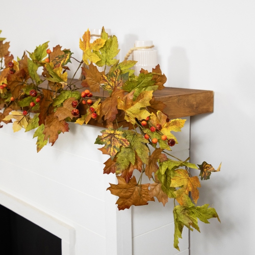 5' x 8" Maple Leaves and Berries Artificial Fall Harvest Garland, Unlit