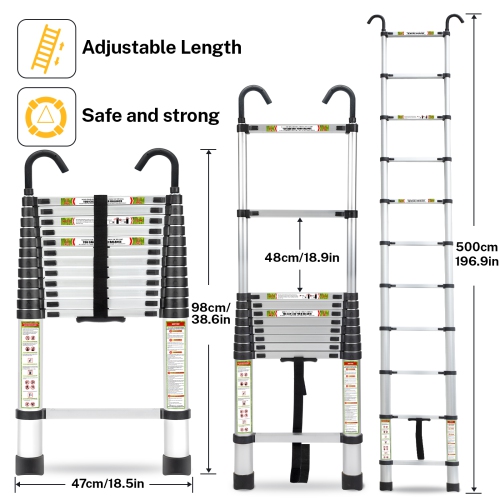 Telescopic Ladder, 16.5FT CoolHut Aluminum Telescoping Ladder with Non-Slip Feet and Stable Hook, Portable Extension Ladder for Household and Outdoor