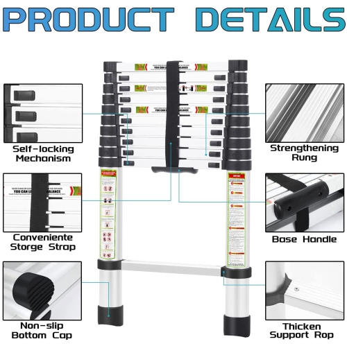 Telescopic Ladder, 16.5FT CoolHut Aluminum Telescoping Ladder with Non-Slip Feet and Stable Hook, Portable Extension Ladder for Household and Outdoor