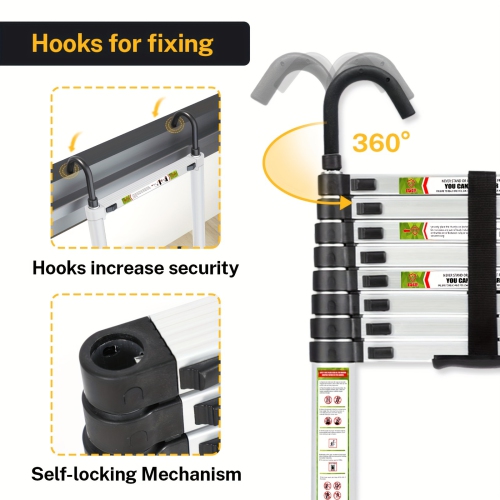 Échelle télescopique, échelle télescopique en aluminium de 10,5 pi, pieds antidérapants et crochet stable, échelle à coulisse portative pour les