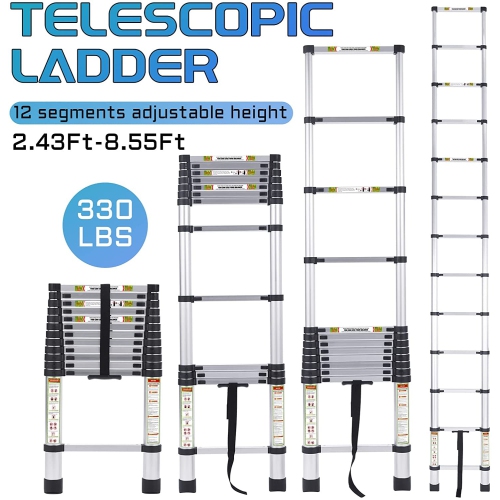 Telescopic Ladder, 10.5FT CoolHut Aluminum Telescoping Ladder with Non-Slip Feet and Stable Hook, Portable Extension Ladder for Household and Outdoor